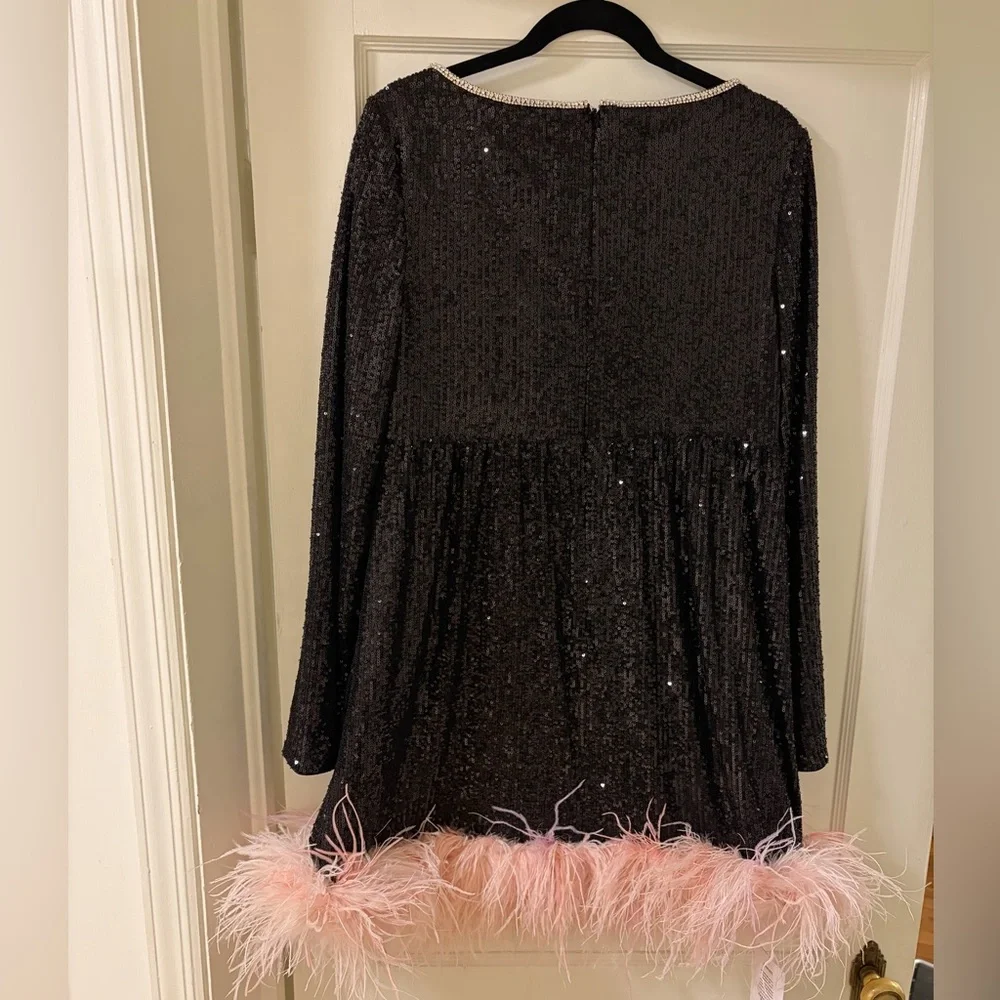 NWT Self-Portrait Black Feather-Trim Sequined Mini Dress Black Pink Size 12 - Picture 6 of 10